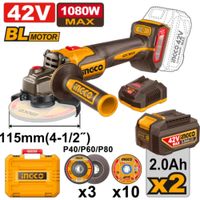 Amoladora Angular CAGLI4108112 42V  115 MM disco 4.5Brushless Ingco 1080W  con 2 Bat 2.0A y Cargador