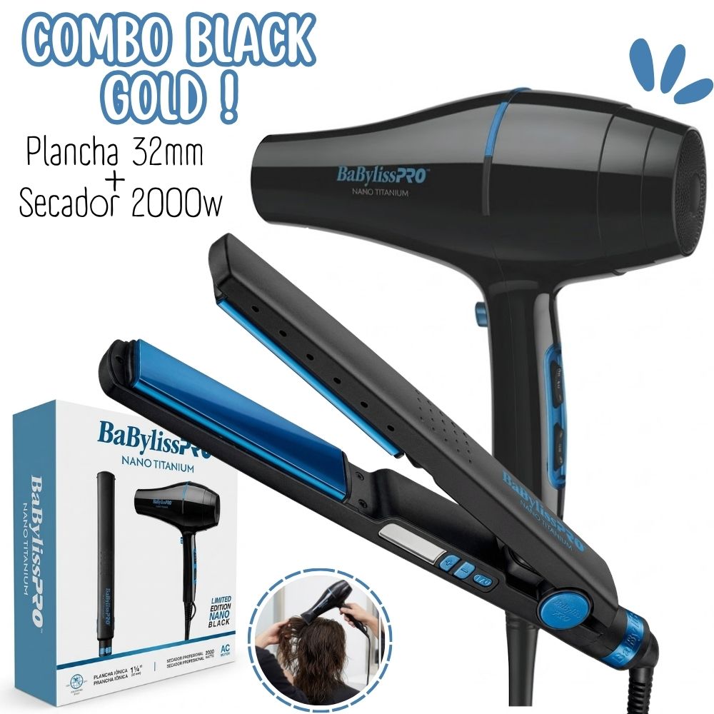 Combo BabylissPro Edicion Ilimitada Plancha Blue Black - Secador Nano Blue - BBLPP4PE