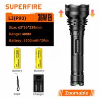 Linterna Táctica SUPERFIRE L3 P90 Recargable 2700LM 400M Zoom Ajustable 36W
