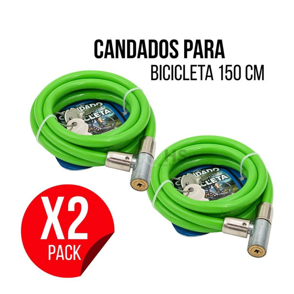 Pack X2 Candados Para Bicicleta Verde Tipo Cable 150 cm Con Llave Seguridad Antirrobo