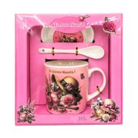 Set De Regalo Para Día De La Madre Taza Con Plato Y Cuchara Te Amo Mamá Diseño Rosa Cerámica