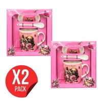 Pack 2 Sets De Regalo Para Día De La Madre Taza Con Plato Y Cuchara Te Amo Mamá Diseño Rosa Cerámica