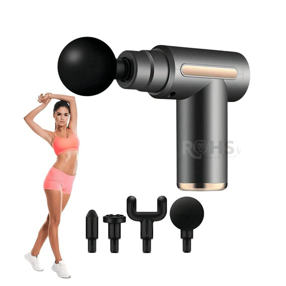 Pistola Masajeadora Massage Gun Gris con 4 Cabezales Recargable
