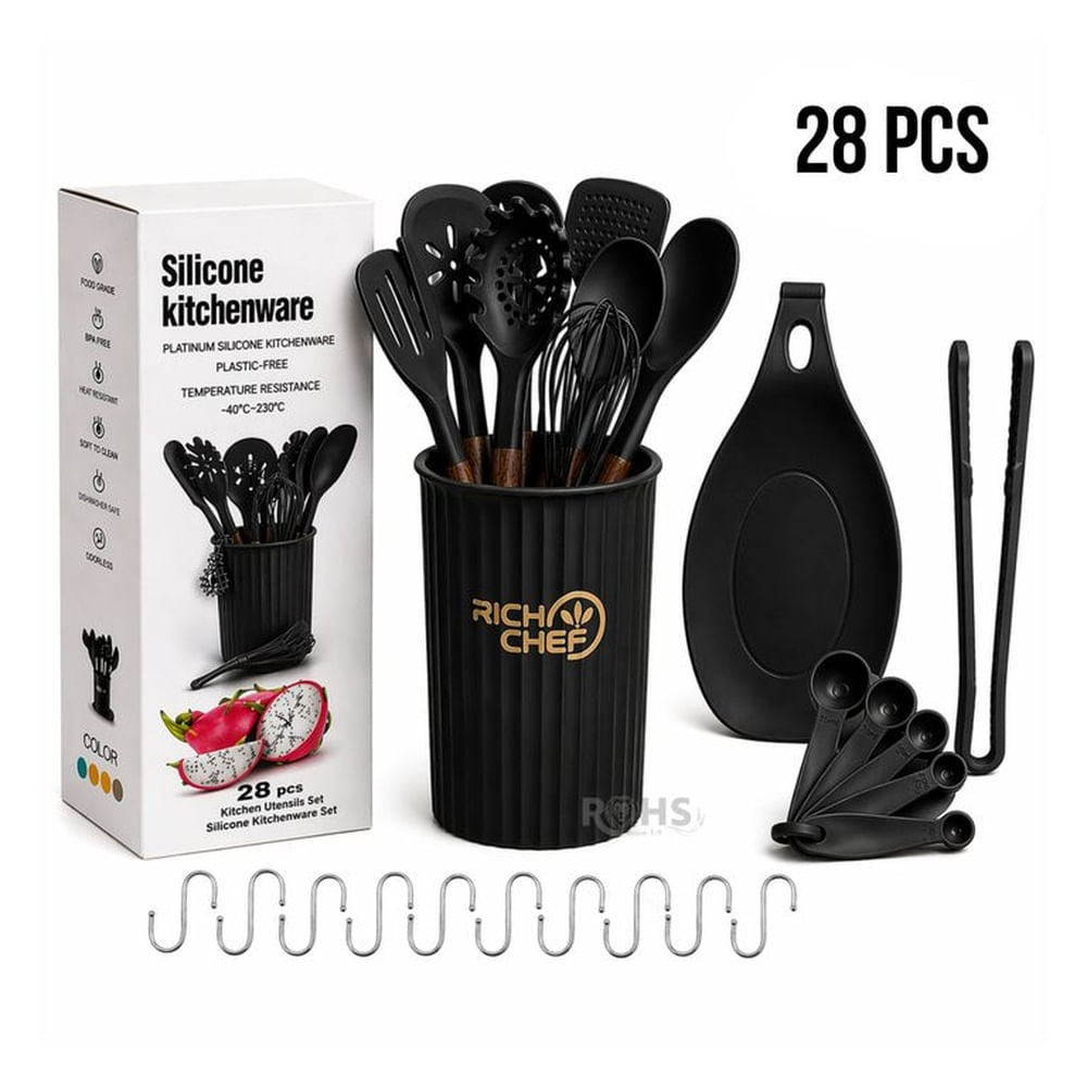 Set De Utensilios De Cocina Silicona 28 Piezas Con Base Y Accesorios Resistente Al Calor Negro