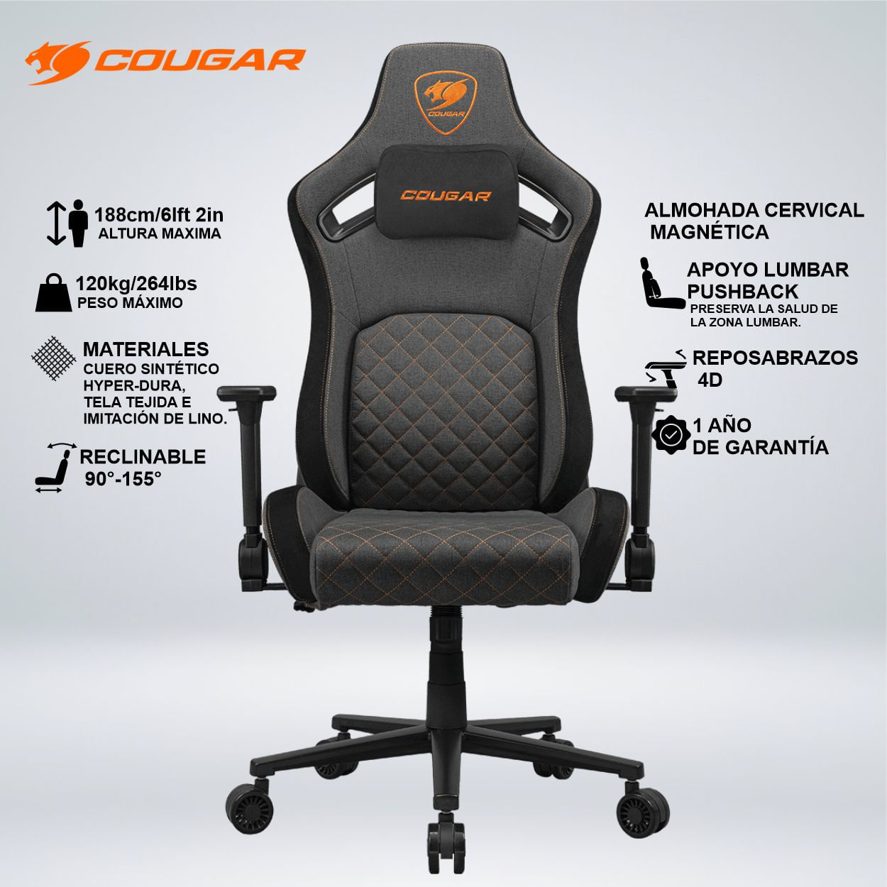SILLA GAMER COUGAR DEFENSOR GRAY F TEJIDO INCLINA 155 GRADOS LUMBAR - CUELLO