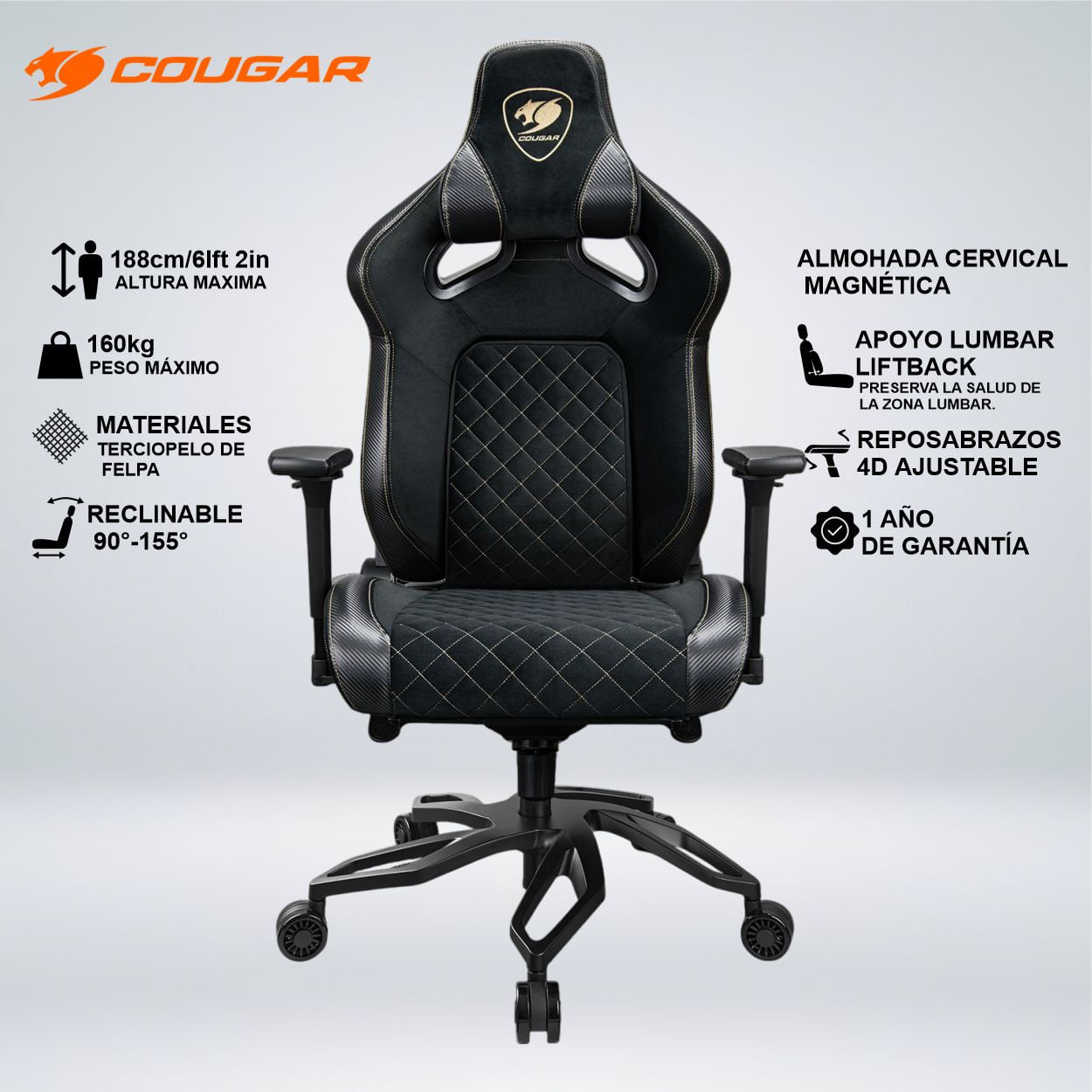SILLA GAMER COUGAR TITAN PRO V2 ERGONÓMICO TELA CERVICA MAGNETICA ESPUMA INCLINA 155 NEGRO