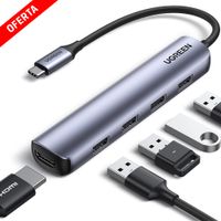 Adaptador Ugreen multipuertos 5 en 1 con HDMI 4K USB-C y USB 3.0 x3 para laptops - MacBook - tablets