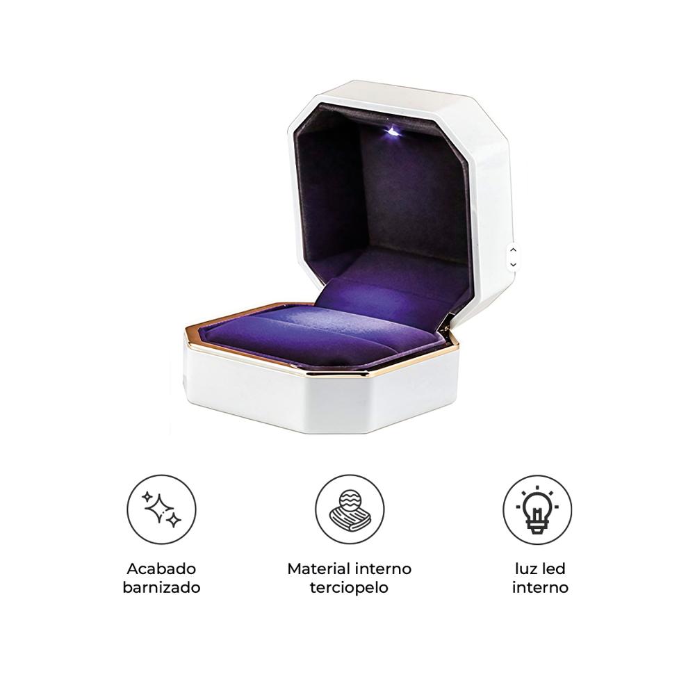 ESTUCHE DE LUJO PARA ANILLOS CON LUZ LED BLANCO OCTAGONAL