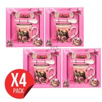 Pack 4 Sets De Regalo Para Día De La Madre Taza Con Plato Y Cuchara Te Amo Mamá Diseño Rosa Cerámica