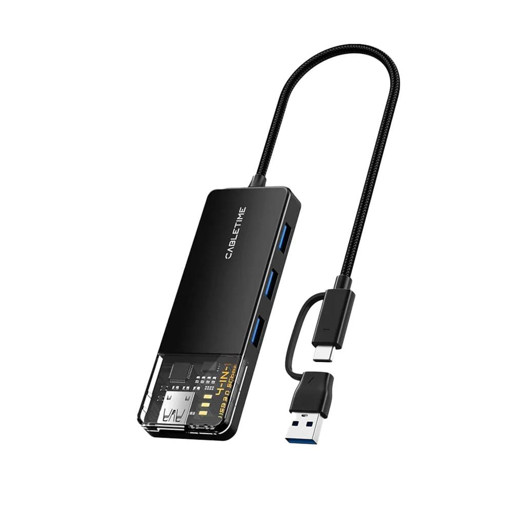 Adaptador Hub USB 3.0 Cabletime CB03B 4 Puertos 5Gbps Transparente Negro