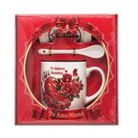 Set De Regalo Para Día De La Madre Taza Con Plato Y Cuchara Te Amo Mamá Diseño Rojo Cerámica