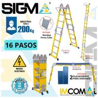 Escalera Fibra de Vidrio Multipropósito Pesada de 16 Pasos 4x4. Carga Max: 200Kg. Tipo I Industrial