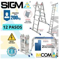 Escalera Aluminio Multipropósito Pesada de 12 Pasos 4x3. Carga Max.: 200 Kg. Tipo I Industrial