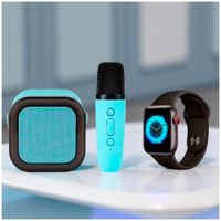 Parlante Bluetooth con Micrófono y Smartwatch Celeste