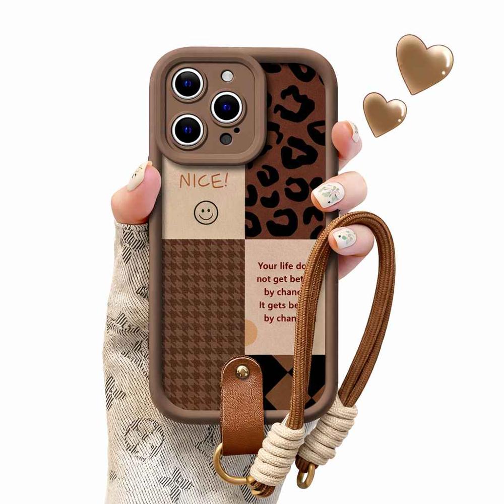 FUNDA PARA TELÉFONO MARRON ESTAMPADO LEOPARDO CON CORDÓN IPHONE 17 PRO MAX