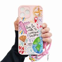 FUNDA PARA TELÉFONO ROSA DISEÑO VIAJERO CON CORDÓN IPHONE 17 PRO MAX