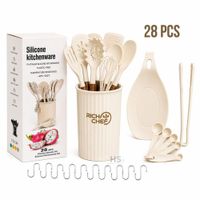 Set De Utensilios De Cocina Silicona 28 Piezas Con Base Y Accesorios Resistente Al Calor Beige