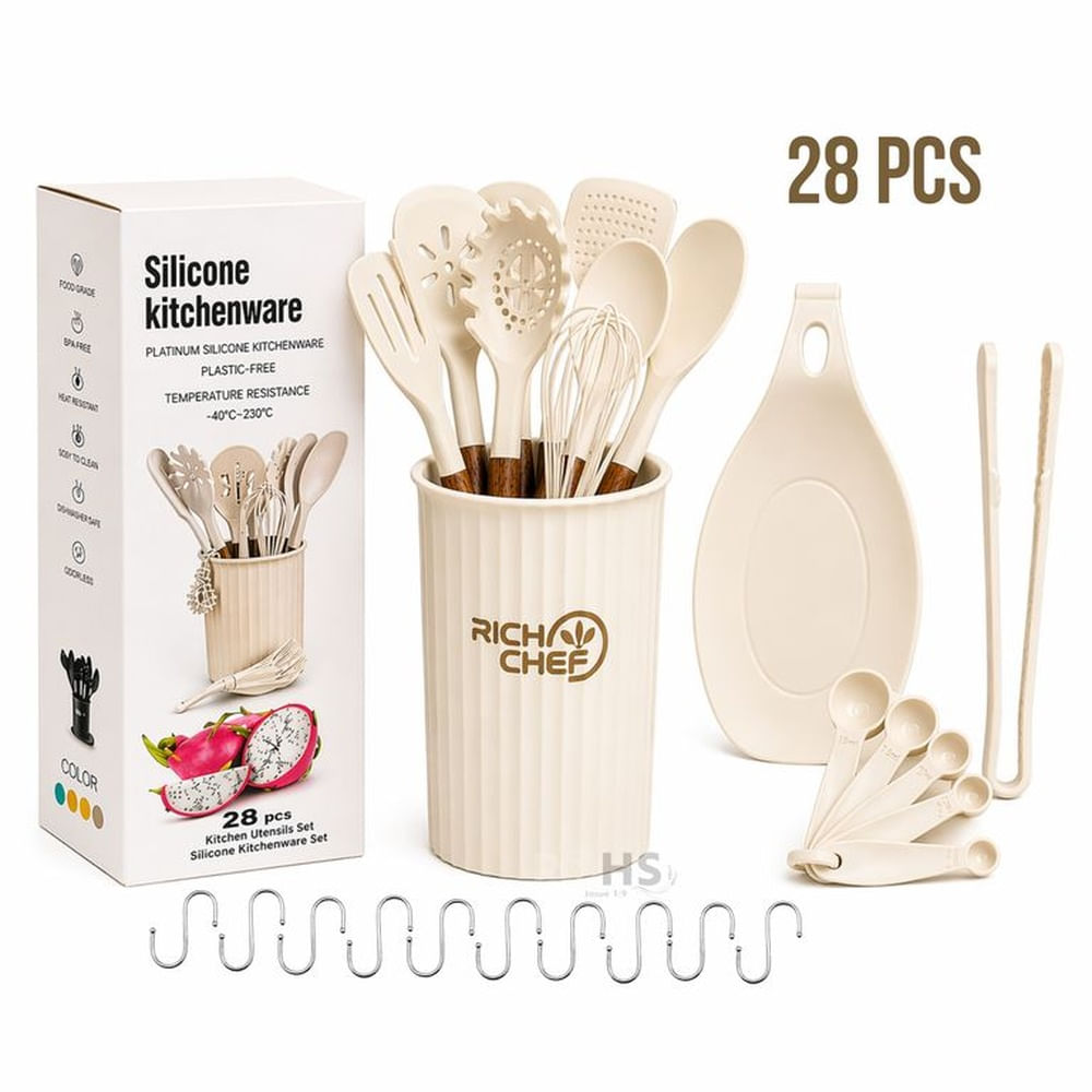 Set De Utensilios De Cocina Silicona 28 Piezas Con Base Y Accesorios Resistente Al Calor Beige
