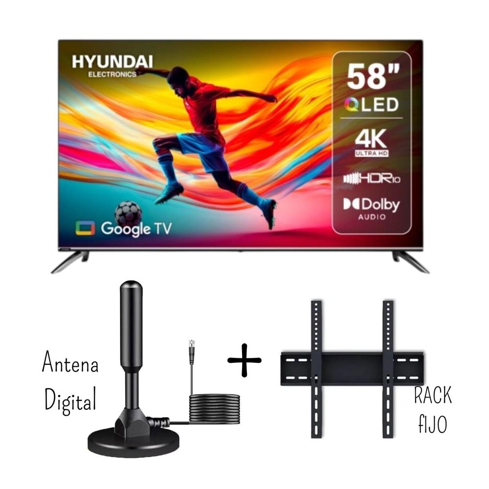 Televisor Hyundai 58 pulgadas Smart 4K UHD QLED Frameless D5813QG - Rack de Pared - Antena