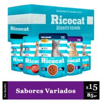 Pack Caja x15 Comida Húmeda Ricocat Varios Sabores 85gr