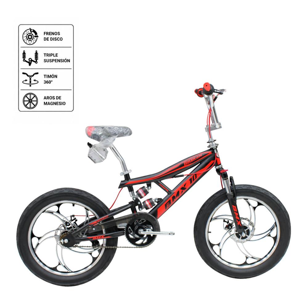 Bicicleta BMX Aro 20 Bikekam Triple Suspensión y Frenos de Disco Negro con Rojo