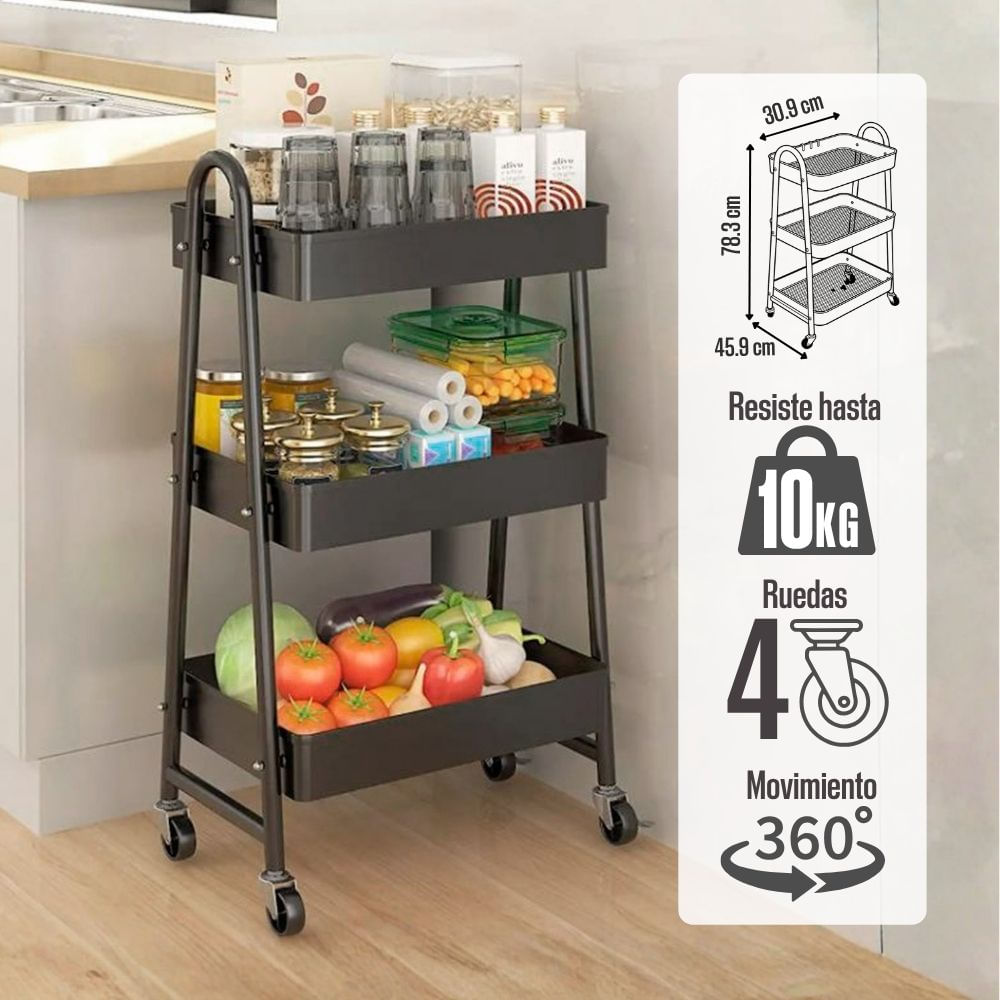 Carrito Organizador de Metal Orange 3 Niveles Negro
