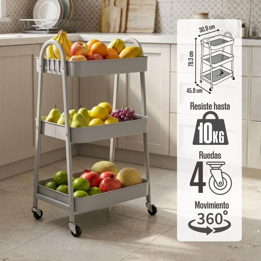 Carrito Organizador de Metal Gris 3 niveles