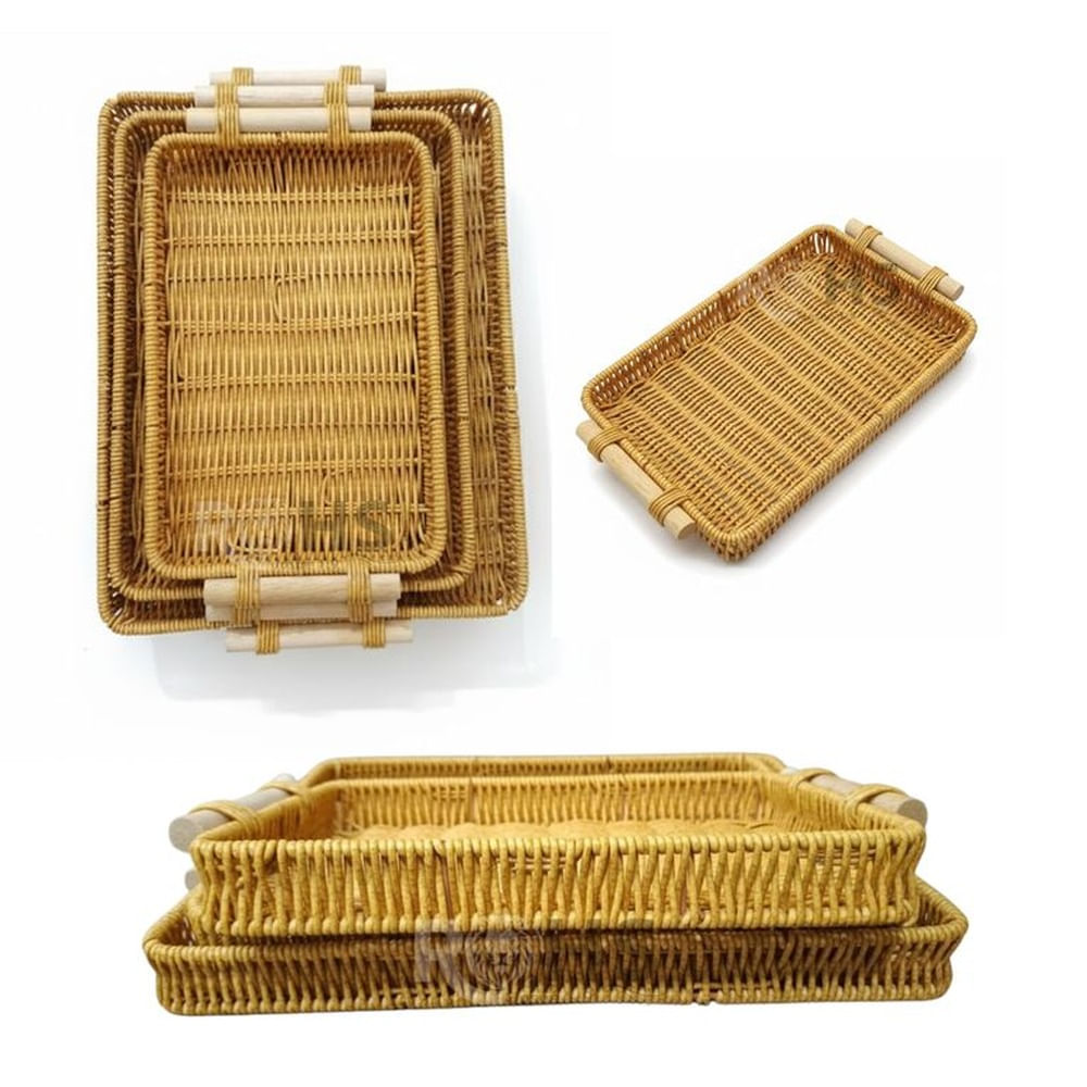 Juego de 3 Bandejas Rectangular Ratán Multifuncional para servir Alimentos,  Desayunos o Tocadores