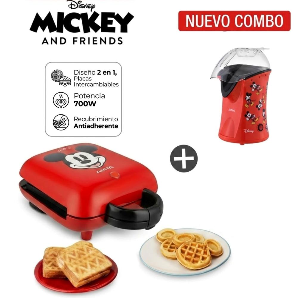 COMBO Waflera Sandwichera Atma de Mickey Disney - Pop Corn Maker Canchita Sin Aceite Atma Disney