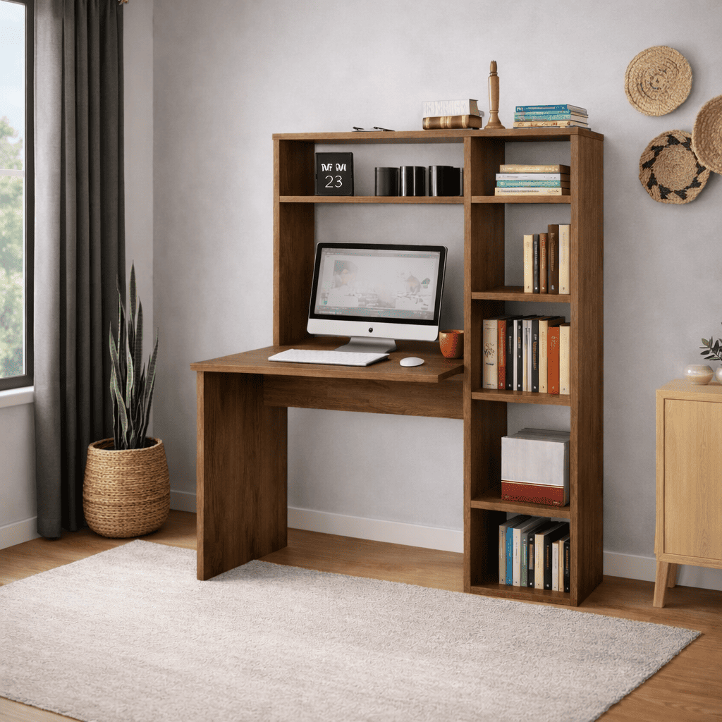 ESCRITORIO CON ESTANTE MODELO MINIMALISTA AVELLANA