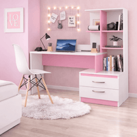 ESCRITORIO CON ESTANTE ENSUEÑO DE MELAMINA  COMPACTO AURA ROSADO