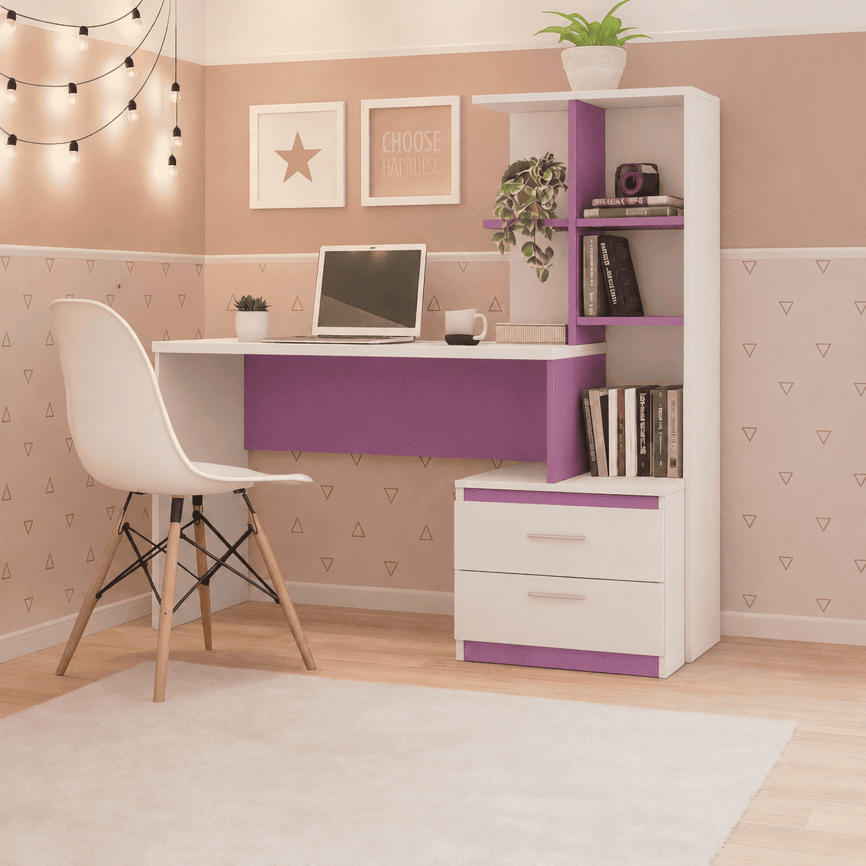 ESCRITORIO CON ESTANTE ENSUEÑO DE MELAMINA  COMPACTO V2 BLANCO VIOLETA