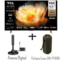 Televisor TCL 55 Pulgadas 4K HDR Google TV 55V6C - Antena Digital - Parlante Ewtto EW-P110BA IPX6