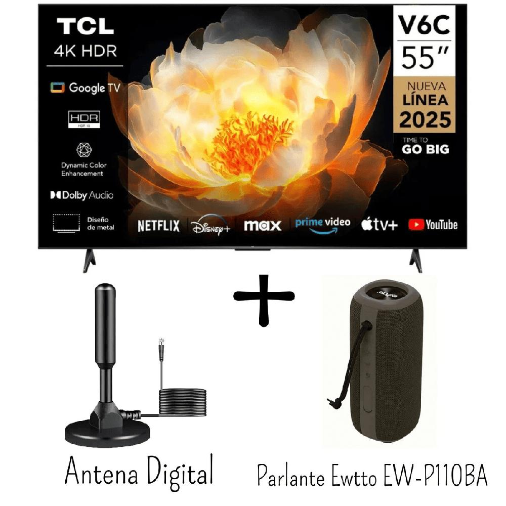 Televisor TCL 55 Pulgadas 4K HDR Google TV 55V6C - Antena Digital - Parlante Ewtto EW-P110BA IPX6