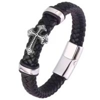 Pulsera Cruz22 CM Cuero y acero  Inoxidable. Negro Brillante