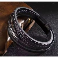 Pulsera de cuero con cuentas negras y cierre de acero Negro Brillante