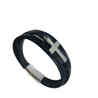 Pulsera Cruz Trenzada De Cuero Genuino Y Acero Inoxidable Negro Brillante