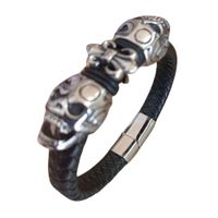 Pulsera Calavera Trenzada De Cuero Genuino Y Acero Inoxidable Negro Brillante