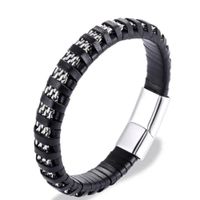 Pulsera de doble cadena cuero genuino trenzado para hombre color negro Negro Brillante