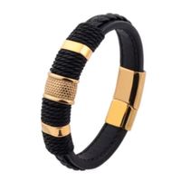 Pulsera de acero inoxidable y cuero  para hombre Negro Brillante