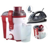 COMBO OSTER PLANCHA COMPACT AZUL NIEBLA Y EXTRACTOR DE JUGOS 400W ROJO