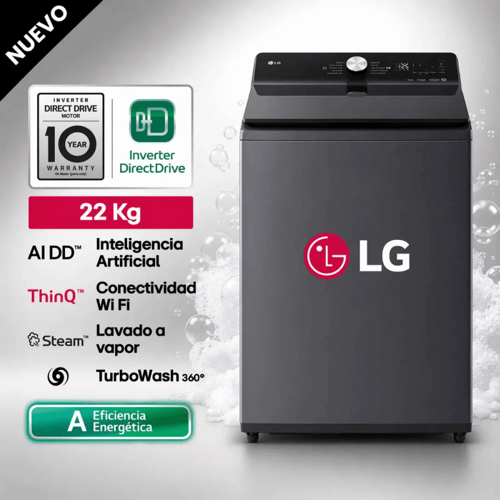 Lavadora 22Kg AI DD Carga Superior Negro Plateado LG WT22EGTXS