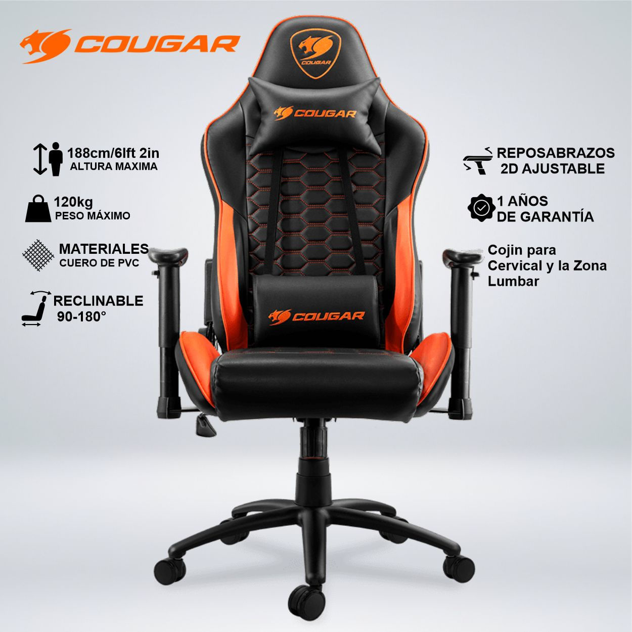 SILLA GAMER OUTRIDER COJIN LUMBAR Y CERVICAL RECLINA 180GRADOS REPOSABRAZO 2D AJUSTABLE