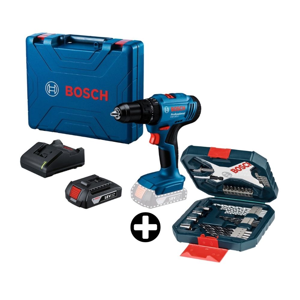 COMBO Bosch: Taladro Percutor Inalámbrico GSB 183-LI + Batería + Cargador + Maletín + Brocas y puntas para madera y concreto Xline x34 piezas