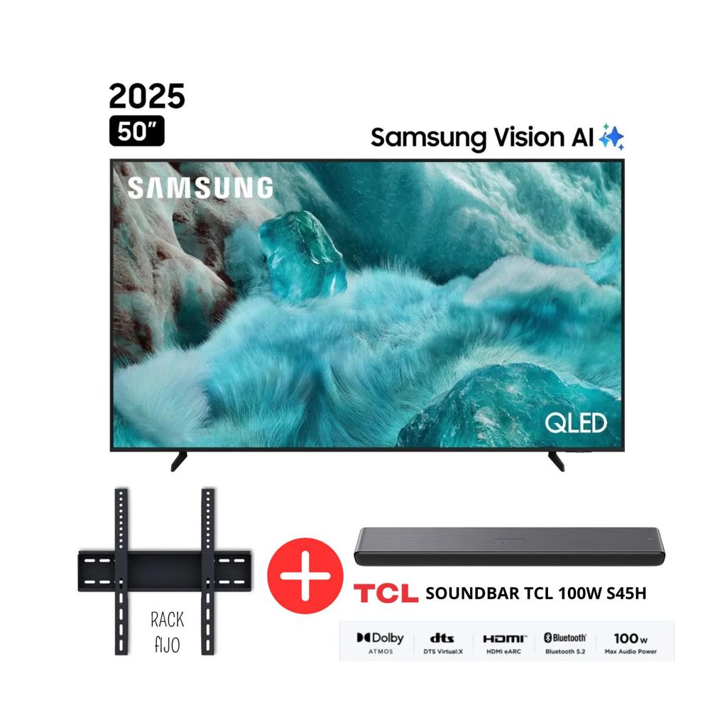 Televisor Samsung QLED 50 pulgadas 4K Ultra HD QN50Q7FAAG - SOUNDBAR TCL 100W S45H - Rack Fijo