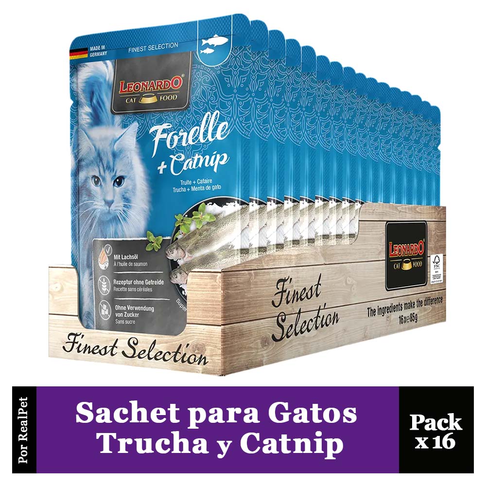 Pack x16 Sachet para Gato Leonardo Trucha y Catnip 85gr