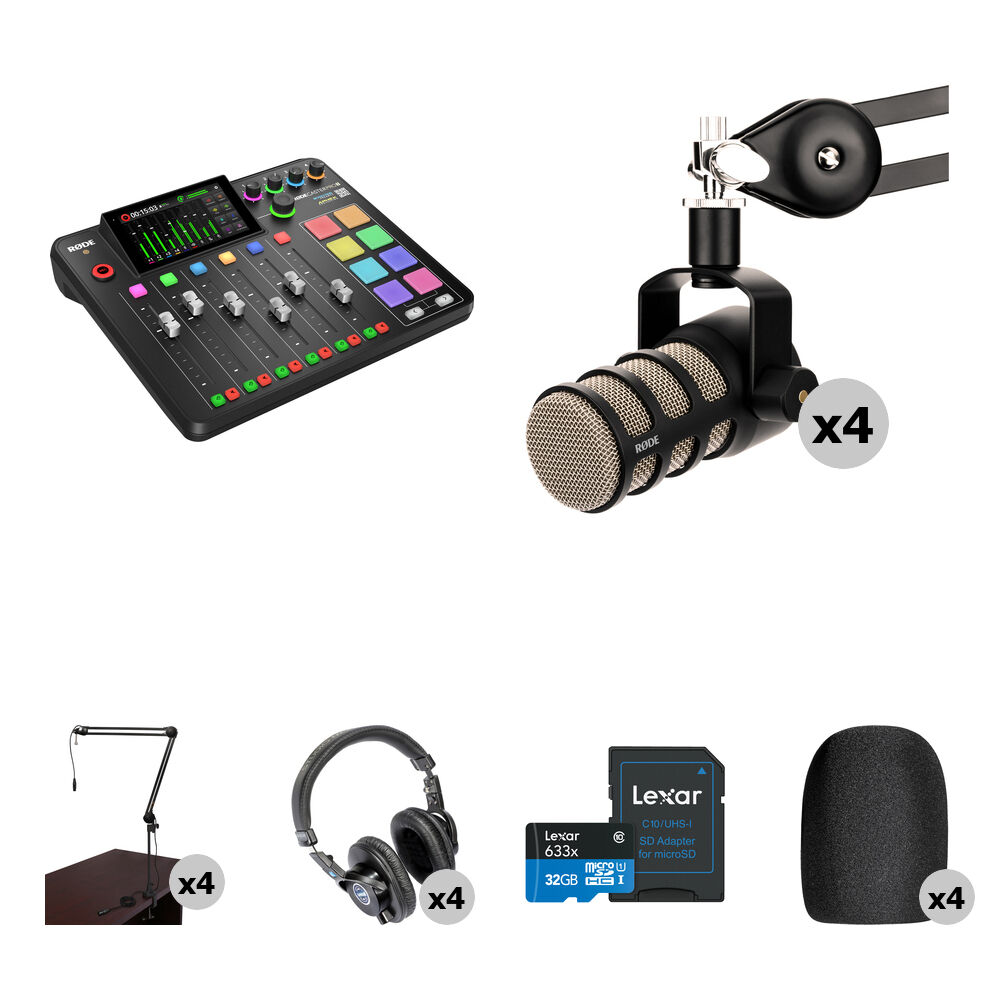 Rode RODECaster Pro II Kit de Podcasting para 4 Personas con 4 PodMic, Brazos de Transmisi