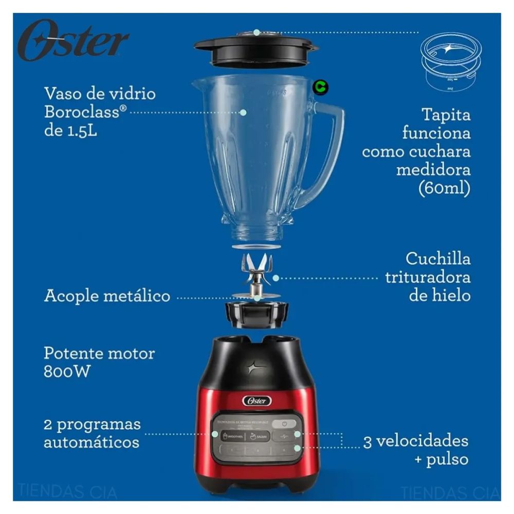 Licuadora Oster con tecnología reversible 3 velocidades más pulso BLSTPEG CRT