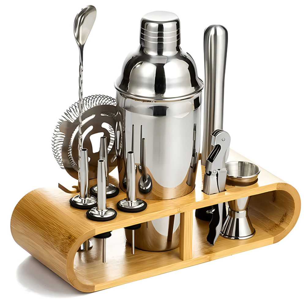 Set de Barman 12 Piezas Cocteleria Acero Inoxidable Plateado Base de Bambu