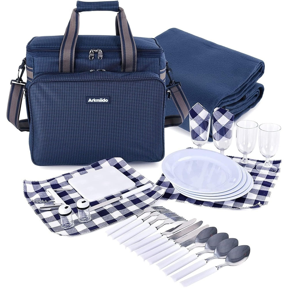 MOCHILA PARA PICNIC TERMICA PARA 4 PERSONAS CON PLATOS CUBIERTOS COPAS Y MANTA